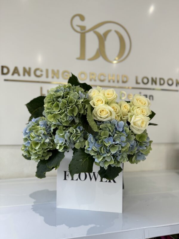 Hydrangea & Rose box with yellow rose